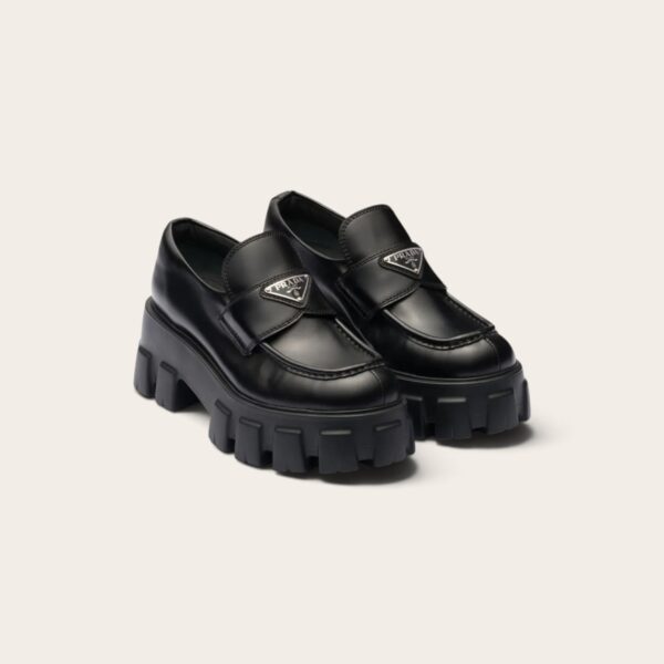 Prada Brushed Leather Monolith Loafers - Patent Leather Black