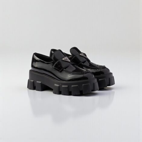 Prada Brushed Leather Monolith Loafers - Patent Leather Black