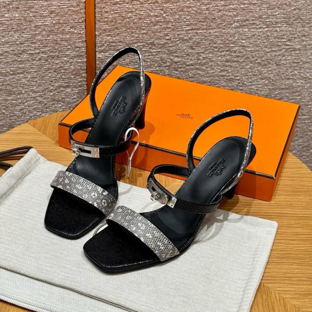Hermes Lizard Glamour Sandals - Noir/Himalaya silver hardware