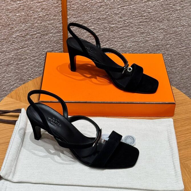 Hermes Glamour Sandals Noir, Chamois Leather - Silver Hardware