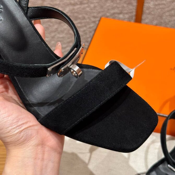 Hermes Glamour Sandals Noir, Chamois Leather - Silver Hardware