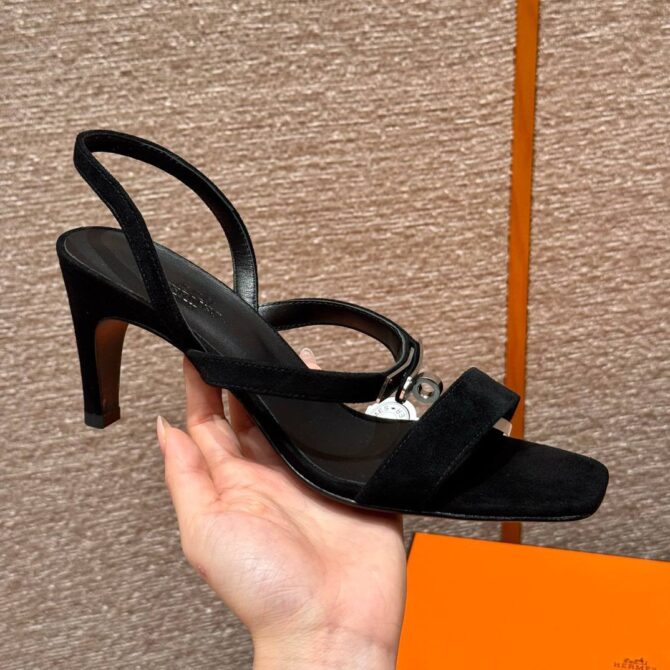Hermes Glamour Sandals Noir, Chamois Leather - Silver Hardware