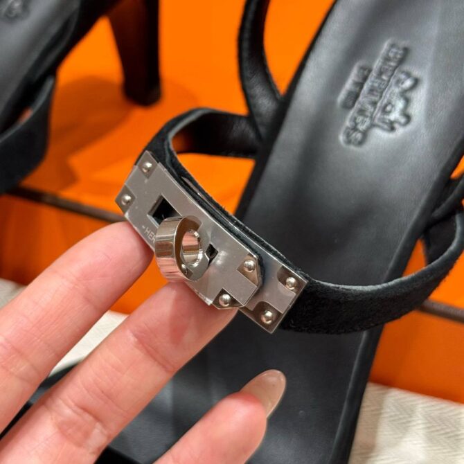 Hermes Glamour Sandals Noir, Chamois Leather - Silver Hardware