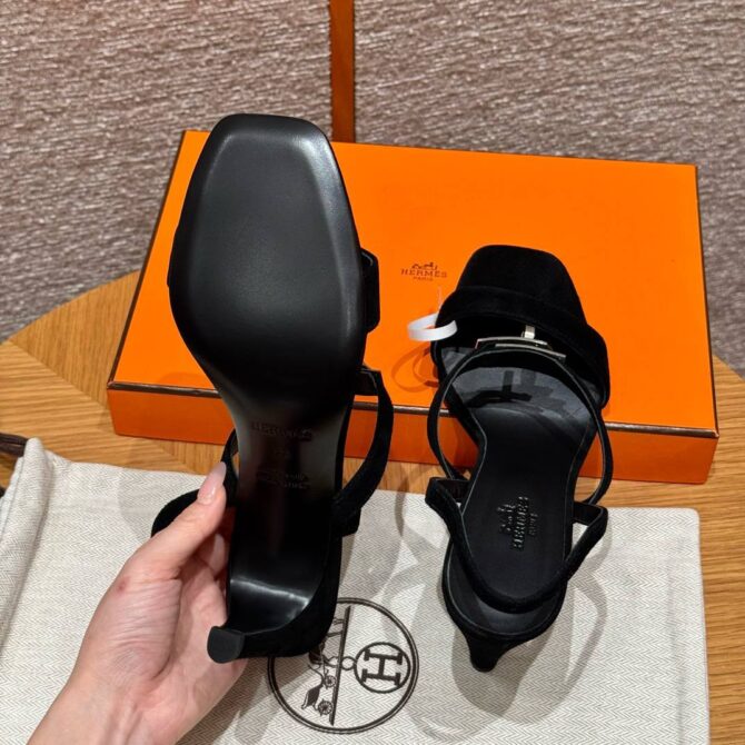 Hermes Glamour Sandals Noir, Chamois Leather - Silver Hardware