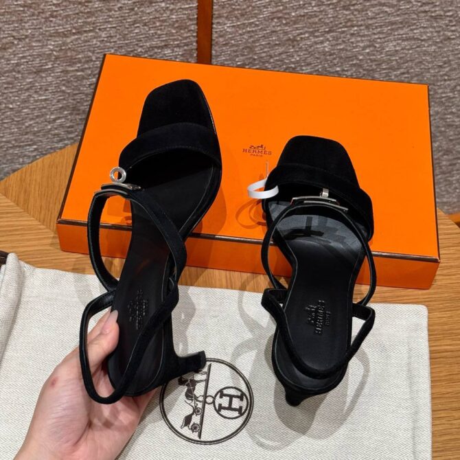 Hermes Glamour Sandals Noir, Chamois Leather - Silver Hardware