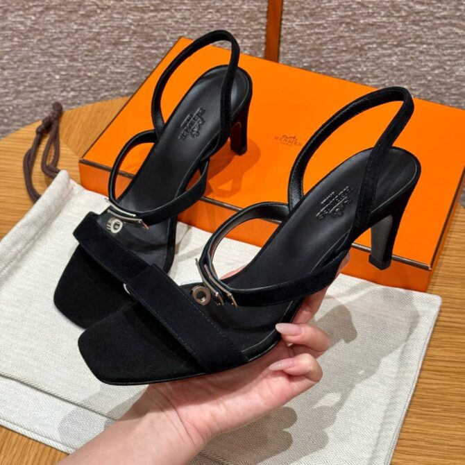 Hermes Glamour Sandals Noir, Chamois Leather - Silver Hardware