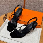 Hermes Glamour Sandals Noir, Chamois Leather - Silver Hardware