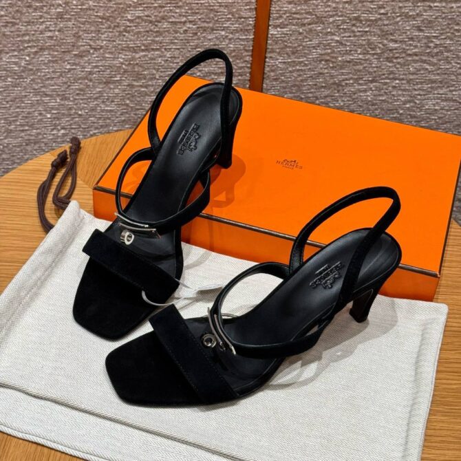 Hermes Glamour Sandals Noir, Chamois Leather - Silver Hardware