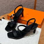 Hermes Glamour Sandals Noir - Silver Hardware