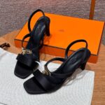 Hermes Glamour Sandals in Satin Noir - Gold Hardware