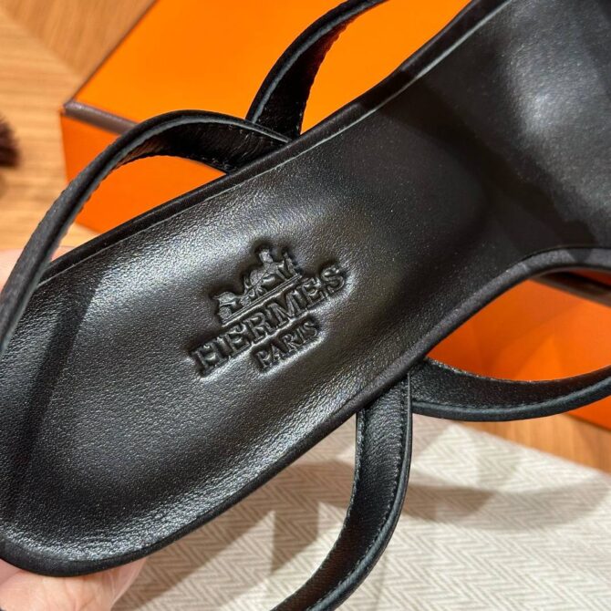 Hermes Glamour Sandals in Satin Noir - Silver Hardware