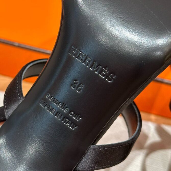 Hermes Glamour Sandals in Satin Noir - Silver Hardware