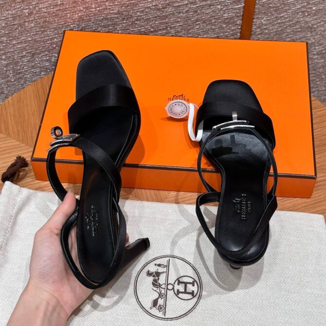 Hermes Glamour Sandals in Satin Noir - Silver Hardware