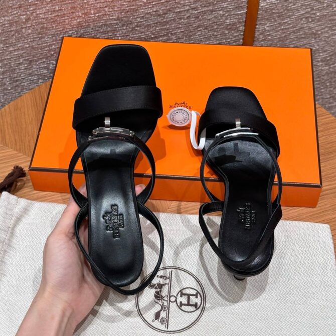 Hermes Glamour Sandals in Satin Noir - Silver Hardware