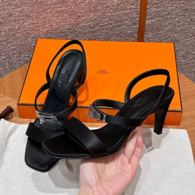 Hermes Glamour Sandals in Satin Noir - Silver Hardware