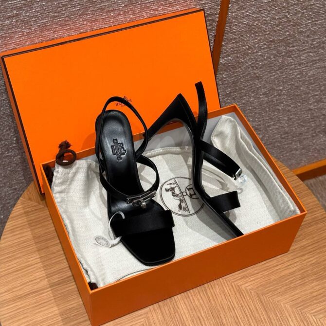 Hermes Glamour Sandals in Satin Noir - Silver Hardware