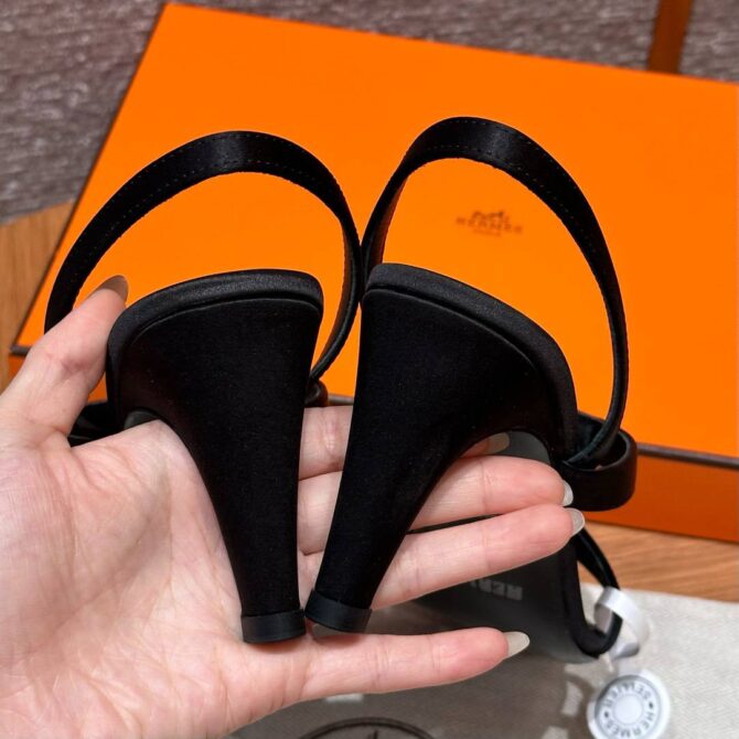 Hermes Glamour Sandals in Satin Noir - Silver Hardware