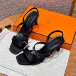 Hermes Glamour Sandals in Satin Noir - Gold Hardware