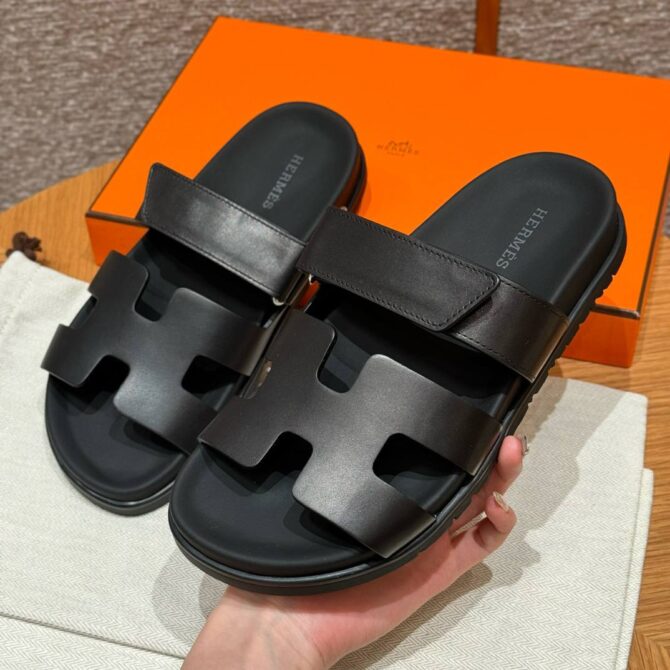 Hermes Chypre Sandals in Noir Swift