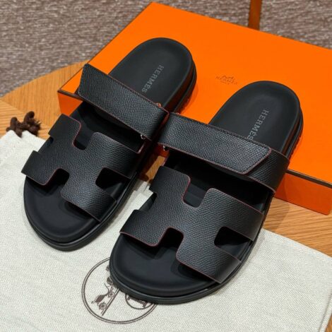 Hermes Chypre Sandals in Black Epsom