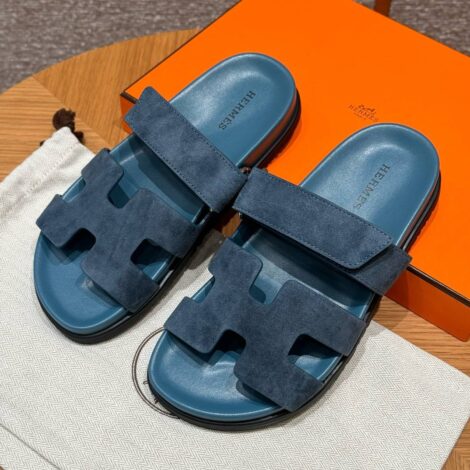 Hermes Chypre Sandals in Purplish Blue, Chamois Leather