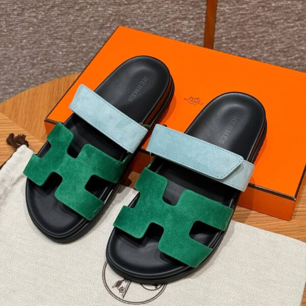 Hermes Chypre Sandals in Green/Light Blue, Chamois Leather
