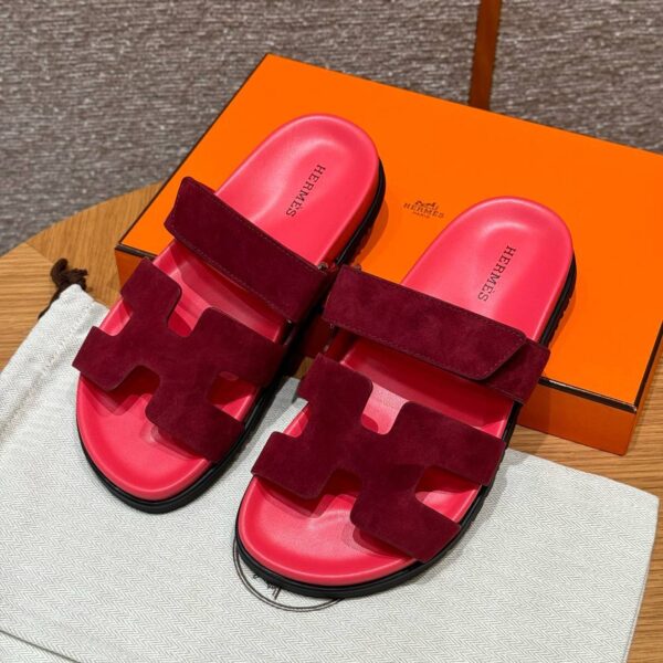 Hermes Chypre Sandals in Rose Red, Chamois Leather