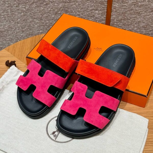 Hermes Chypre Sandals in Red & Rose, Chamois Leather