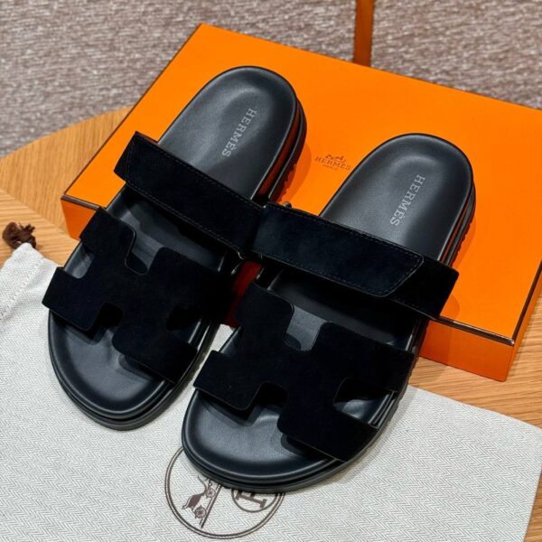 Hermes Chypre Sandals in Noir, Chamois Leather