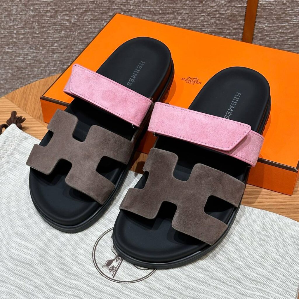 Hermes Chypre Sandals in Vert Toundra & Pink, Chamois Leather