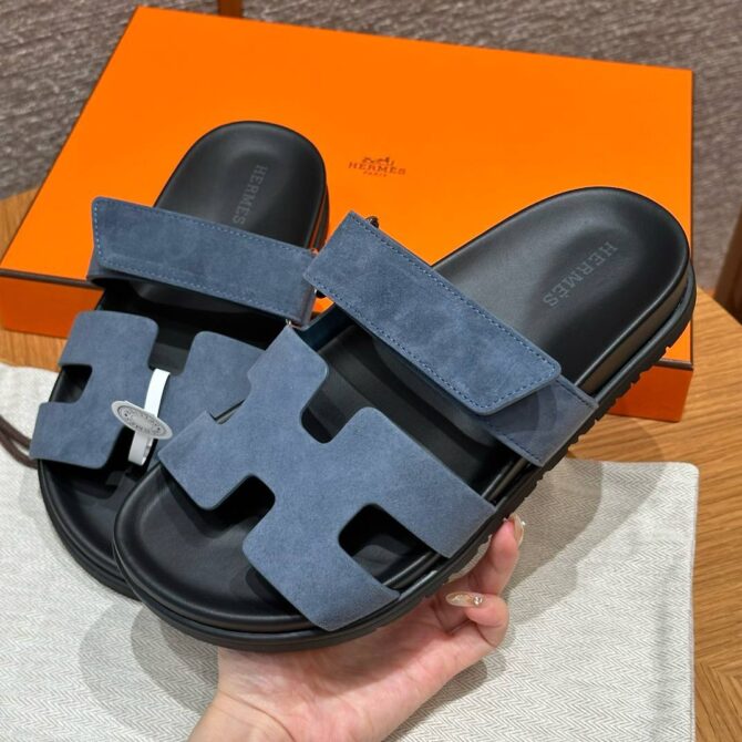 Hermes Chypre Sandals in Bleu Celeste, Chamois Leather