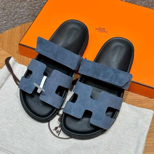 Hermes Chypre Sandals in Bleu Celeste, Chamois Leather