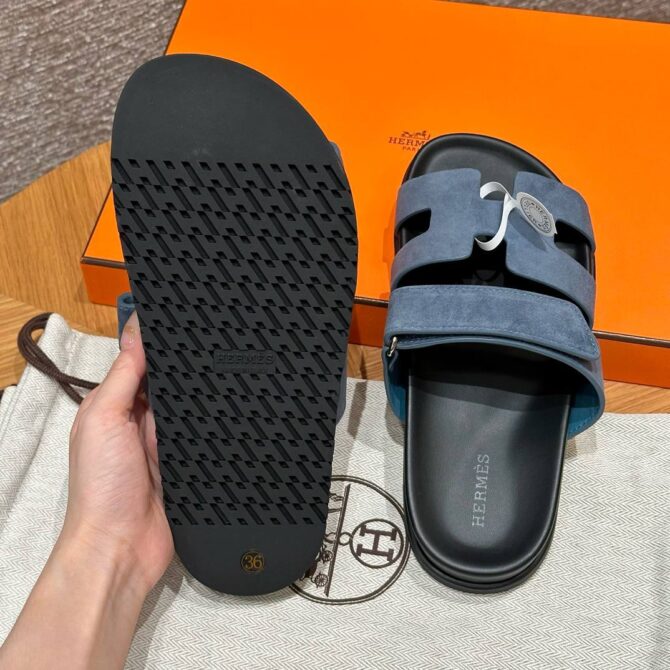 Hermes Chypre Sandals in Bleu Celeste, Chamois Leather