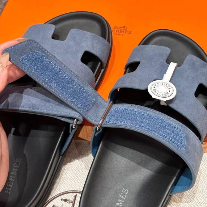 Hermes Chypre Sandals in Bleu Celeste, Chamois Leather