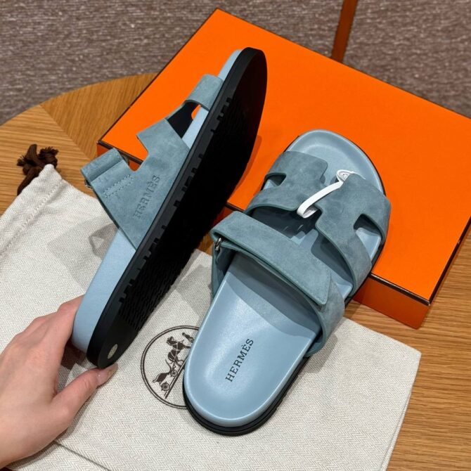 Hermes Chypre Sandals in Baby Blue, Chamois Leather