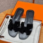 Hermes Oran Sandal in Noir, Chamois Leather