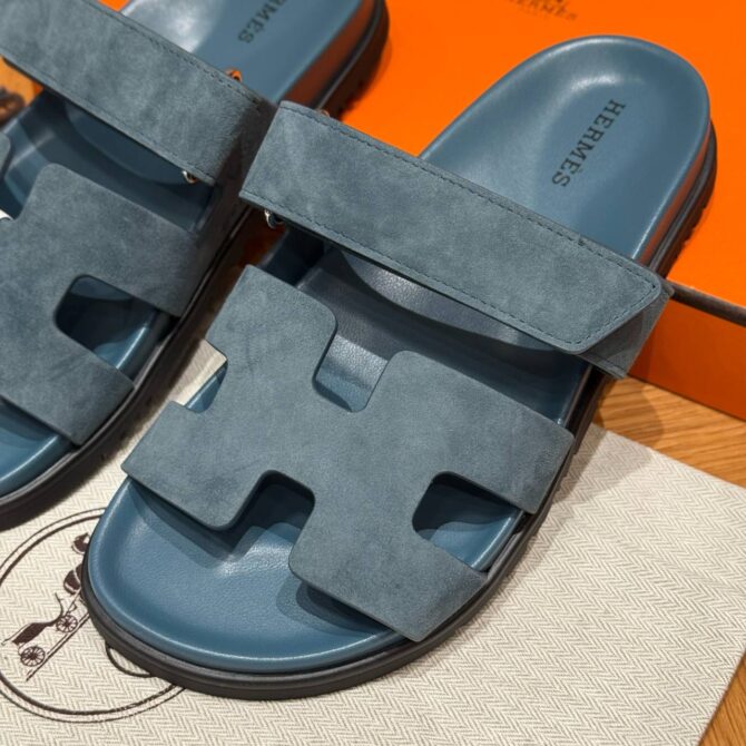 Hermes Chypre Sandals in Purplish Blue, Chamois Leather