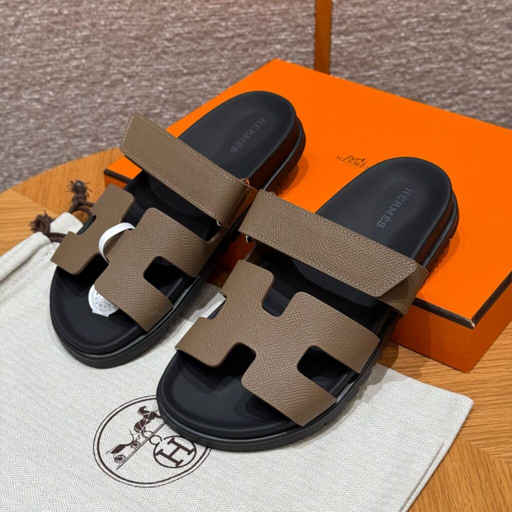 Hermes Chypre Sandals in Etoupe Epsom