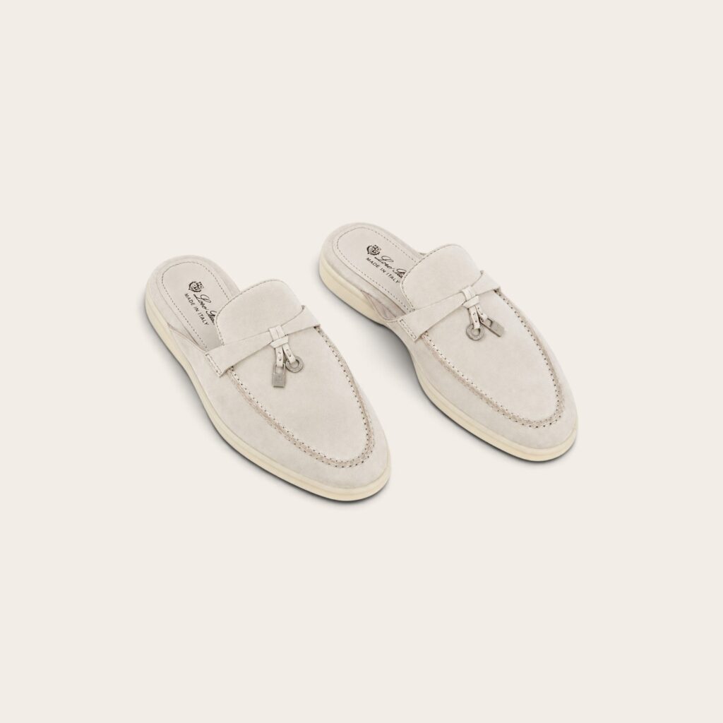 Loro Piana Babouche Charms Walk Loafers In Suede Pearl Grey
