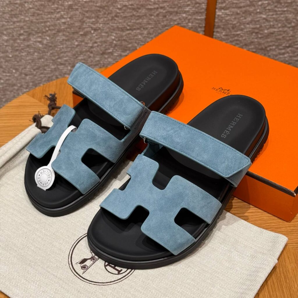 Hermes Chypre Sandals in New Blue Jean, Chamois Leather