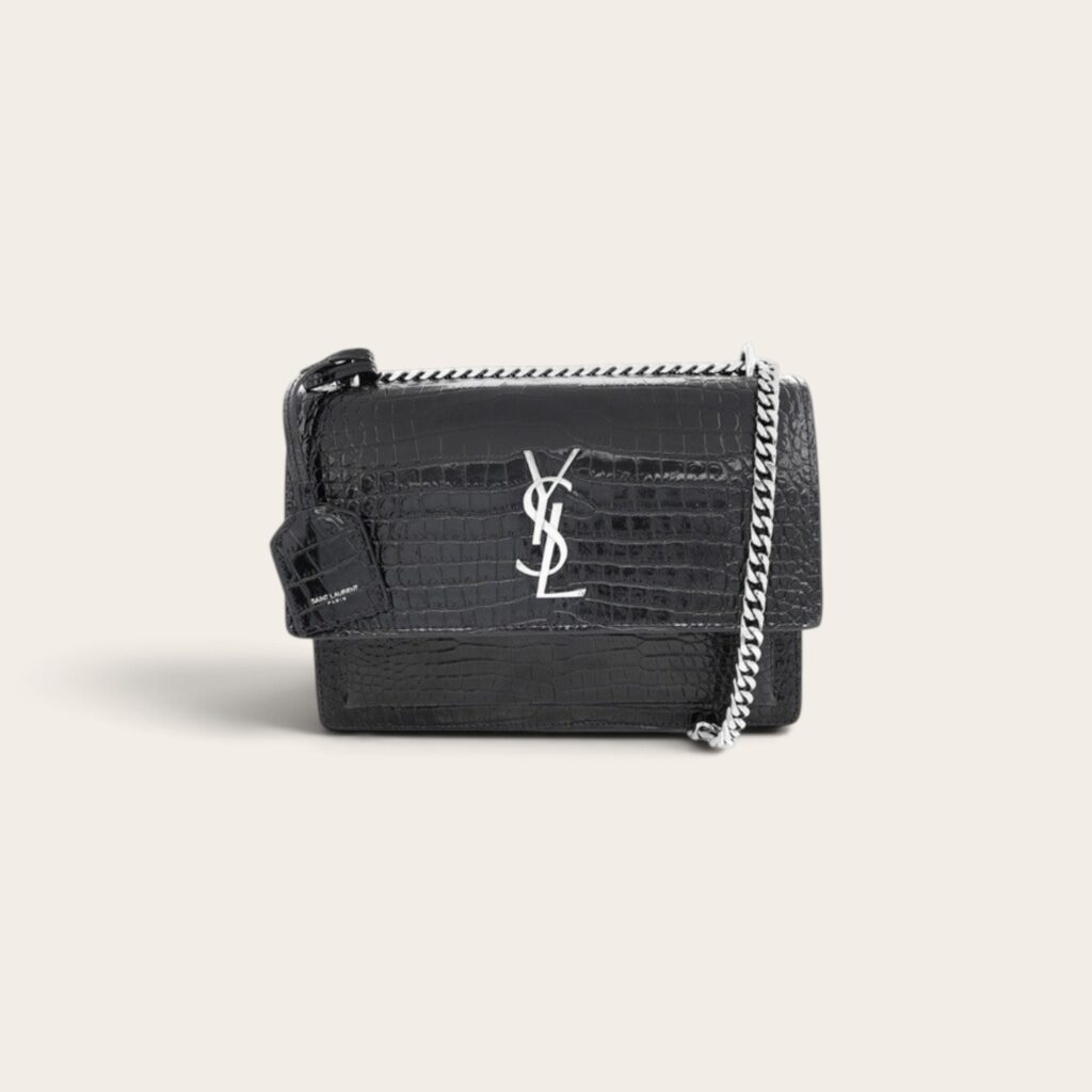 YSL Sunset Croc-Embossed Shoulder Bag