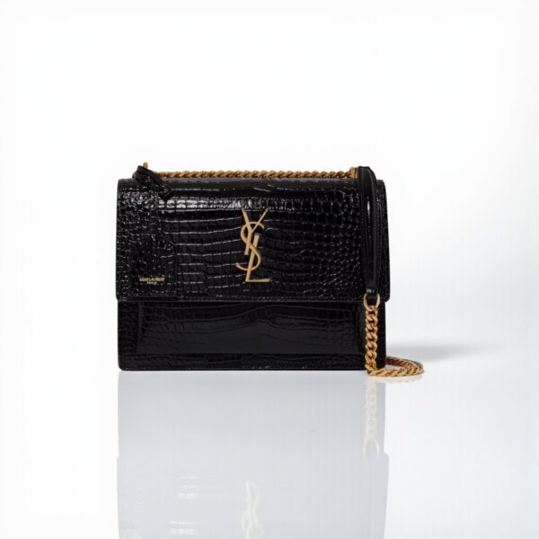 YSL Sunset Croc-Embossed Shoulder Bag