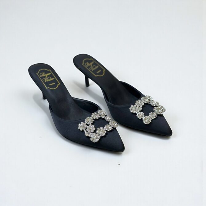 Roger Vivier Efflorescence Mules in Satin Black